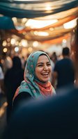 Happy Middle Eastern woman in floral hijab laughing joyfully at a vibrant outdoor market festival with warm bokeh lights.