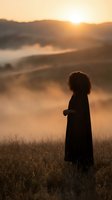 Silhouette of woman with curly hair standing in golden field at sunrise, peaceful morning landscape with mountains and warm sunlight creating contemplative mood.