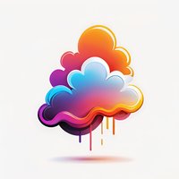 Vibrant gradient cloud shape with dripping effect and layered design on white background, featuring orange, pink, purple and blue colors. Isolated graphic element.