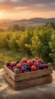 Fresh mixed berries in rustic wooden crate at vineyard during golden hour sunset with rolling hills and grapevines creating warm agricultural atmosphere.