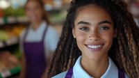 Young woman with dark braided hair and warm smile wearing blue shirt, working in grocery store or market environment with blurred colleagues in purple aprons in background, representing retail worker, customer service professional, or supermarket employee.