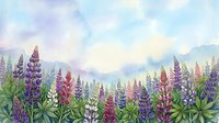 Watercolor lupine field with purple, pink, and white blooms under a soft pastel sky, perfect for greeting cards, prints, and nature-themed designs.