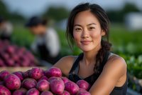 Young Asian woman smiling at farmers market with fresh red plums, wearing casual tank top, natural makeup and braided hair, displaying fresh local produce.