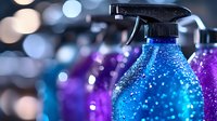 Cleaning spray bottles with water drops in vibrant blue and purple colors against blurred bokeh background, creating fresh and clean atmosphere for household products.
