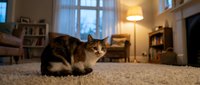 Calico cat resting on a cozy living room carpet in warm evening light, with bookshelves and a glowing floor lamp in the background.