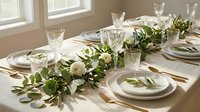 Elegant white table setting with eucalyptus garland centerpiece, crystal glasses and gold cutlery for wedding reception or formal dinner party.