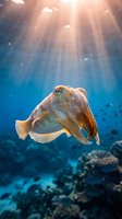 Cuttlefish swimming in deep blue ocean water with sunlight rays penetrating from surface above coral reef creating magical underwater scene for marine biology content.