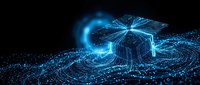 Digital data stream flowing through futuristic network tunnel with glowing blue particles and light trails on black background for technology concepts.