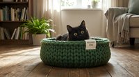 Black cat sitting in green knitted pet bed in cozy living room with wooden floor, bookshelf, and natural light from window. For pet product marketing.