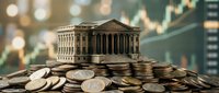 Classical government building with columns sits atop pile of golden coins representing financial stability, economic growth and institutional banking concepts.