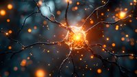 Glowing neuron cell with synaptic connections on dark background with orange light particles, scientific visualization for medical and educational concepts.