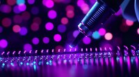 Macro shot of electronic circuit board repair with soldering iron tip against purple and pink bokeh background, showing precision electronics maintenance.