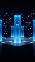 Futuristic holographic bar chart with glowing blue columns on dark platform with bokeh lights for business analytics and data visualization presentations.