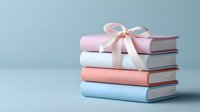 Stack of pastel colored books tied with elegant pink satin ribbon bow against soft blue background, creating minimalist composition for reading and gift concepts.