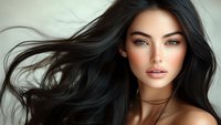 Young woman with flowing dark hair, natural makeup, and glowing skin against neutral background, expressing confidence and beauty in fashion portrait.