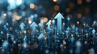 Digital cityscape with glowing upward arrows representing business growth, financial success and urban development against bokeh lights background.