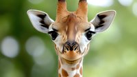 Close up portrait of baby giraffe face showing distinctive pattern and long eyelashes against soft green bokeh background, expressing curiosity and gentleness.