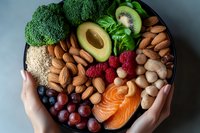 Hands holding healthy food bowl with salmon, avocado, nuts, berries, quinoa and fresh vegetables. Clean eating and balanced nutrition concept.
