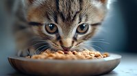 Close up portrait of hungry kitten eating dry food from ceramic bowl, focused amber eyes and whiskers, macro photography with soft bokeh background.