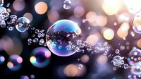 Magical soap bubbles floating in dark space with bokeh lights and sparkles creating dreamy atmosphere. Iridescent spheres with rainbow reflections.