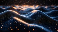 Abstract digital landscape with glowing blue and orange particle waves flowing over dark background creating futuristic terrain visualization.