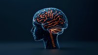 Glowing digital brain visualization in human head profile showing neural connections and anatomy against dark background for medical and scientific concepts.