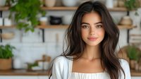Young woman with long dark hair and fair complexion wearing white top in modern kitchen with plants and wooden shelves, suitable for lifestyle, beauty, and home decor projects.