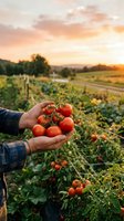 Farmer hands holding fresh ripe red tomatoes at sunset in organic vegetable garden with golden sky background for healthy eating and agriculture concepts.