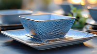 Square blue ceramic bowl with textured snakeskin pattern on matching plate, elegant table setting with soft bokeh lights in background for dining and entertaining.