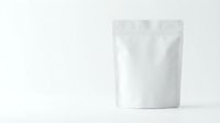 Blank white stand-up pouch mockup isolated on white background, resealable zip-lock packaging for food, coffee, or supplements branding.