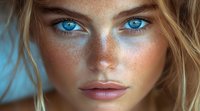 Close up portrait of young woman with intense blue eyes, natural freckles, and glowing skin in warm sunlight. Blonde hair frames face with natural makeup look.