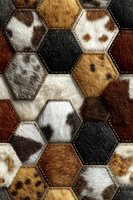 Hexagonal patchwork pattern made from various animal fur textures in brown, black, white and tan colors with decorative stitching for luxury interior design.