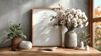 Cozy autumn home interior with dried flowers in ceramic vase, blank frame mockup, houseplant and natural sunlight shadows on wooden shelf decor.