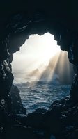 Dramatic ocean cave opening with sunlight rays streaming through rocky entrance onto crashing waves below creating mystical coastal seascape atmosphere.