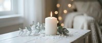 White candle with eucalyptus leaves on rustic wooden table in cozy living room with warm bokeh lights creating peaceful home decor atmosphere for relaxation.