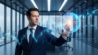 Male businessman in dark suit and tie interacting with holographic stock market data visualization in modern high-rise office with city skyline view for finance and technology concepts.