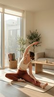 Young woman practicing yoga stretching exercise on mat in bright modern living room with natural sunlight for wellness and mindfulness routine.