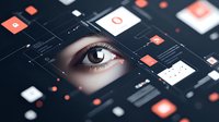 Human eye surrounded by digital interface elements, futuristic HUD display with red and white icons, technology surveillance concept on dark background.
