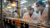 Two pharmaceutical workers in protective gear monitoring glass vial production line in modern sterile manufacturing facility for quality control.