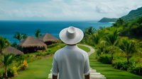 Man in white shirt and hat overlooking tropical resort with thatched roof bungalows, palm trees, and ocean coastline for vacation and travel concepts.