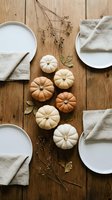 Autumn table setting with mini pumpkins, white plates and linen napkins on rustic wooden background for seasonal dining and Thanksgiving celebration.