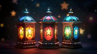 Glowing lanterns with illuminated stars in vibrant colors against dark background create magical holiday atmosphere with bokeh lights and sparkles.