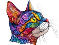 Colorful artistic cat head portrait with intricate floral and geometric patterns in rainbow colors featuring detailed whiskers and bright yellow eye on white background.