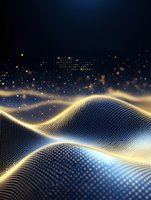 Abstract digital wave pattern with glowing golden particles and dots forming flowing curves against dark background. Dynamic network visualization for technology designs.