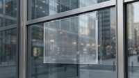 Modern office window with transparent glass panel overlooking urban cityscape with blurred buildings and lights creating professional workspace atmosphere.