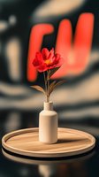 Single red flower in white ceramic vase on wooden tray against blurred background. Minimalist composition with dramatic lighting creates modern aesthetic appeal.