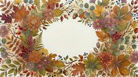 Autumn botanical wreath frame with colorful fall leaves, flowers, berries, and acorns on a cream background with copy space.