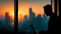 Silhouette of businessman working on laptop in modern office with city skyline at sunset. Corporate professional planning strategy during golden hour.