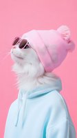 White cat wearing pink sunglasses and beanie with blue hoodie against pink background. Fashion forward feline portrait showcasing trendy street style accessories.