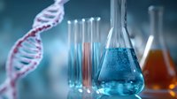 Laboratory glassware with blue liquid and DNA molecule structure in background, scientific research concept for biotechnology and genetics.